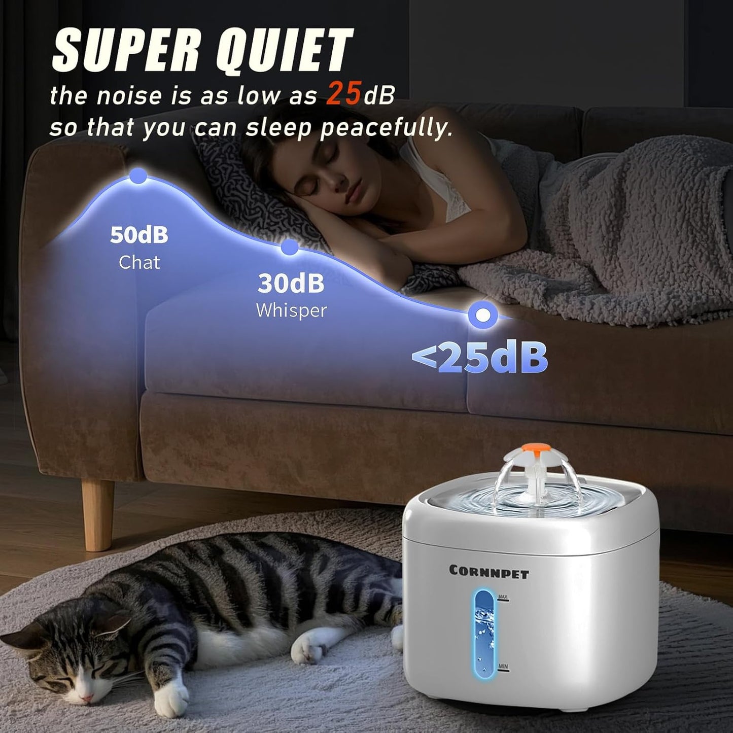 Stainless Steel Lid Cat Water Fountain 74Oz/2.2L Dog Fountain for Drinking - Dogs Drinking Waterer Bowls Indoor - Pet Water Fountain - Ultra Silent - Kitten Drinking Fountains with 3 Filters and 1 Mat