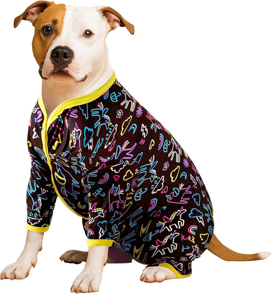 LovinPet Large Dog Pajamas - Stretch Knit Dog Shirt, PJs for Pitbulls, Unicorn Print, Lightweight Pullover Pet PJs, Pet Pajamas for Dogs, Pitbull Clothes, Pitbull Shirt, Blue L