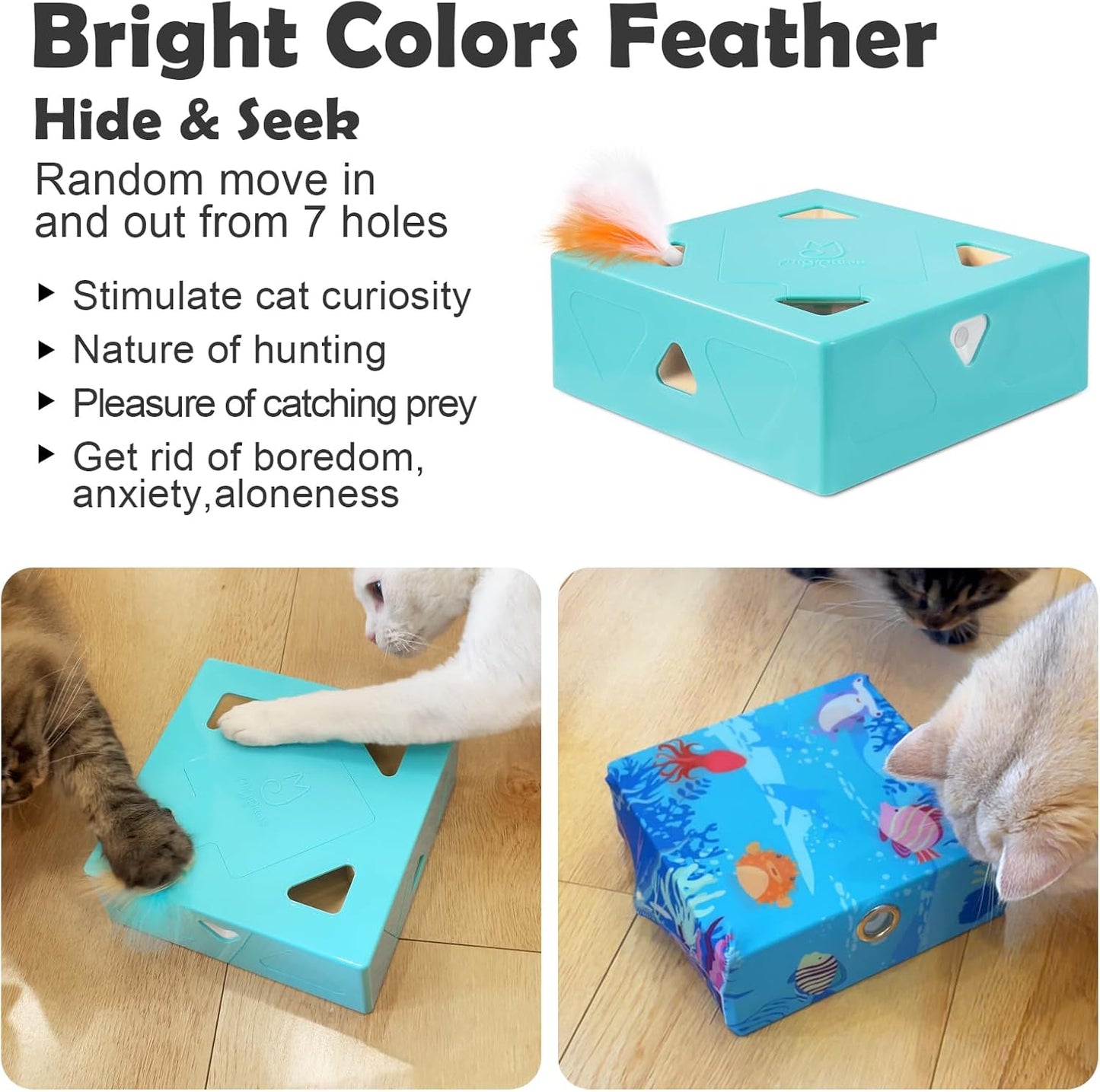 Migipaws MigiBox Cat Toy with PopSkin, Interactive Kitten Toy for Indoor Cats, Automatic Pop Out Feathers from 7 Holes Randomly, Pounce Mystery Under Cover to Stimulate Bored Furry, Rechargable