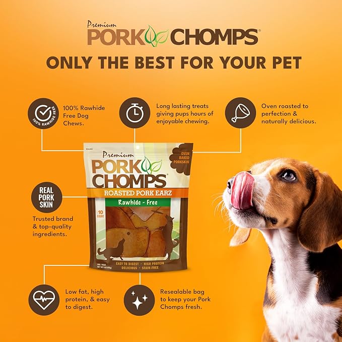 Pork Chomps Roasted Pork Skin Dog Chews, Ear Shapes, 10 Count
