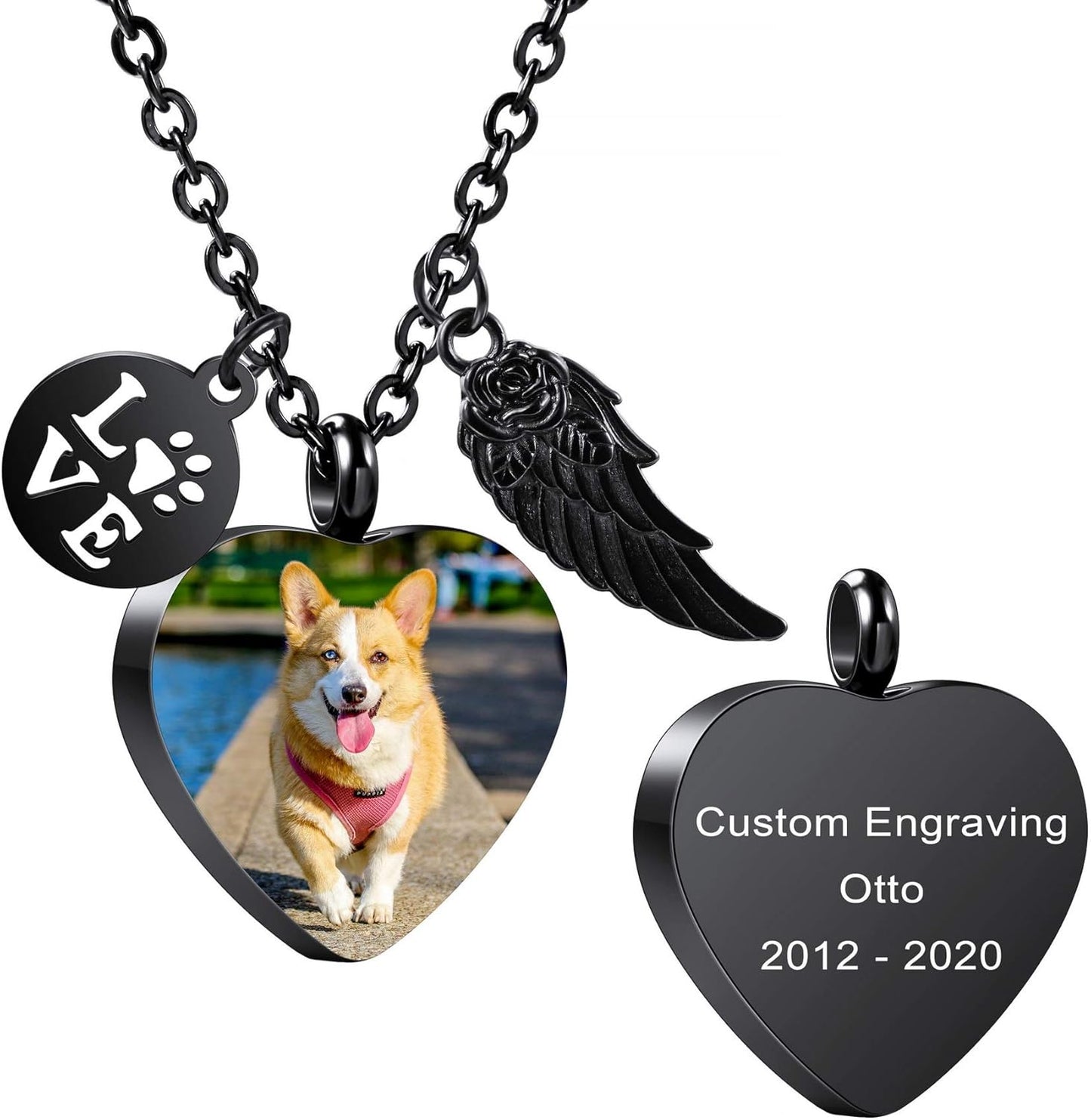 MeMeDIY Personalized Heart Paw Print Ashes Urn Pendant Necklace Custom Name/Photo/Date for Women Men Pet Lover Stainless Steel Memorial Dog Cat Pet Keepsake with Funnel Fill Kit Angel Wing
