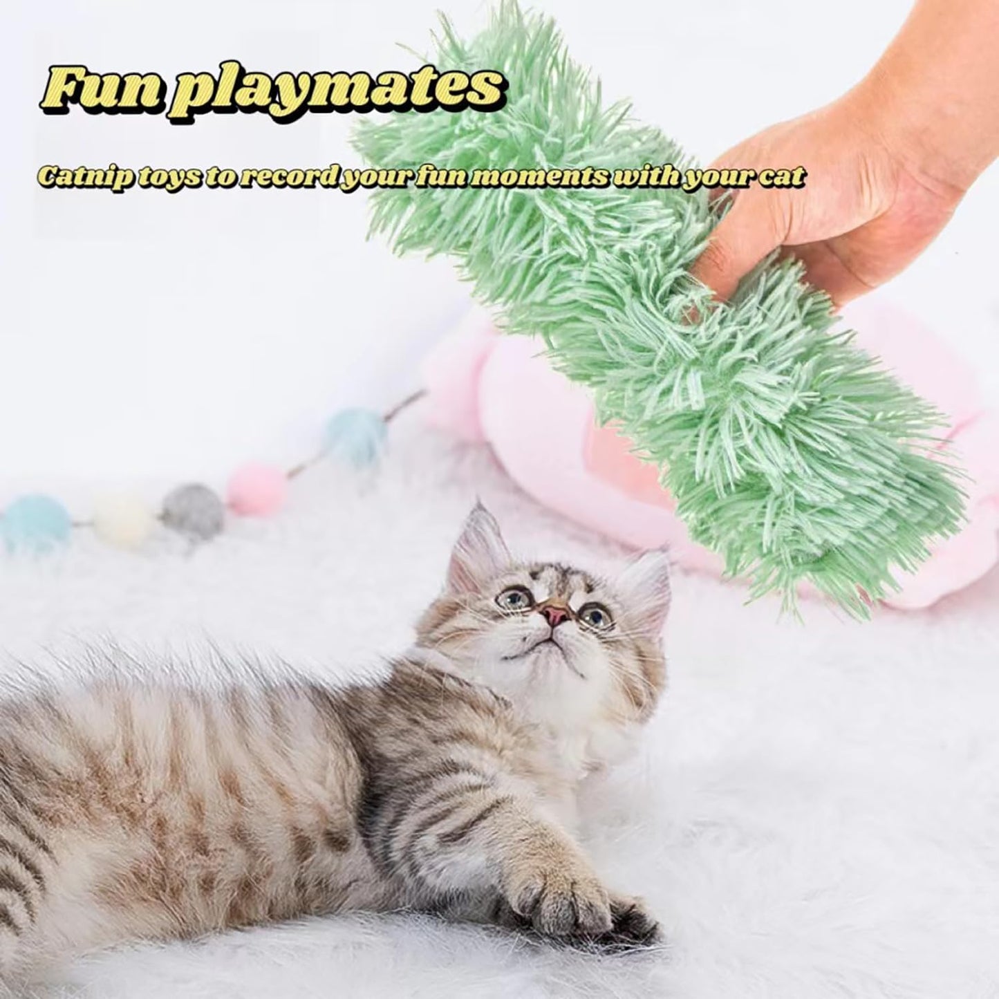 Catnip Toys with 3Pcs Cat Toys - Skin-Friendly Pillow Kicker Toy for Indoor Cats with Crinkle Paper, Catnip & Teething Soother (Pink/Green/Blue)