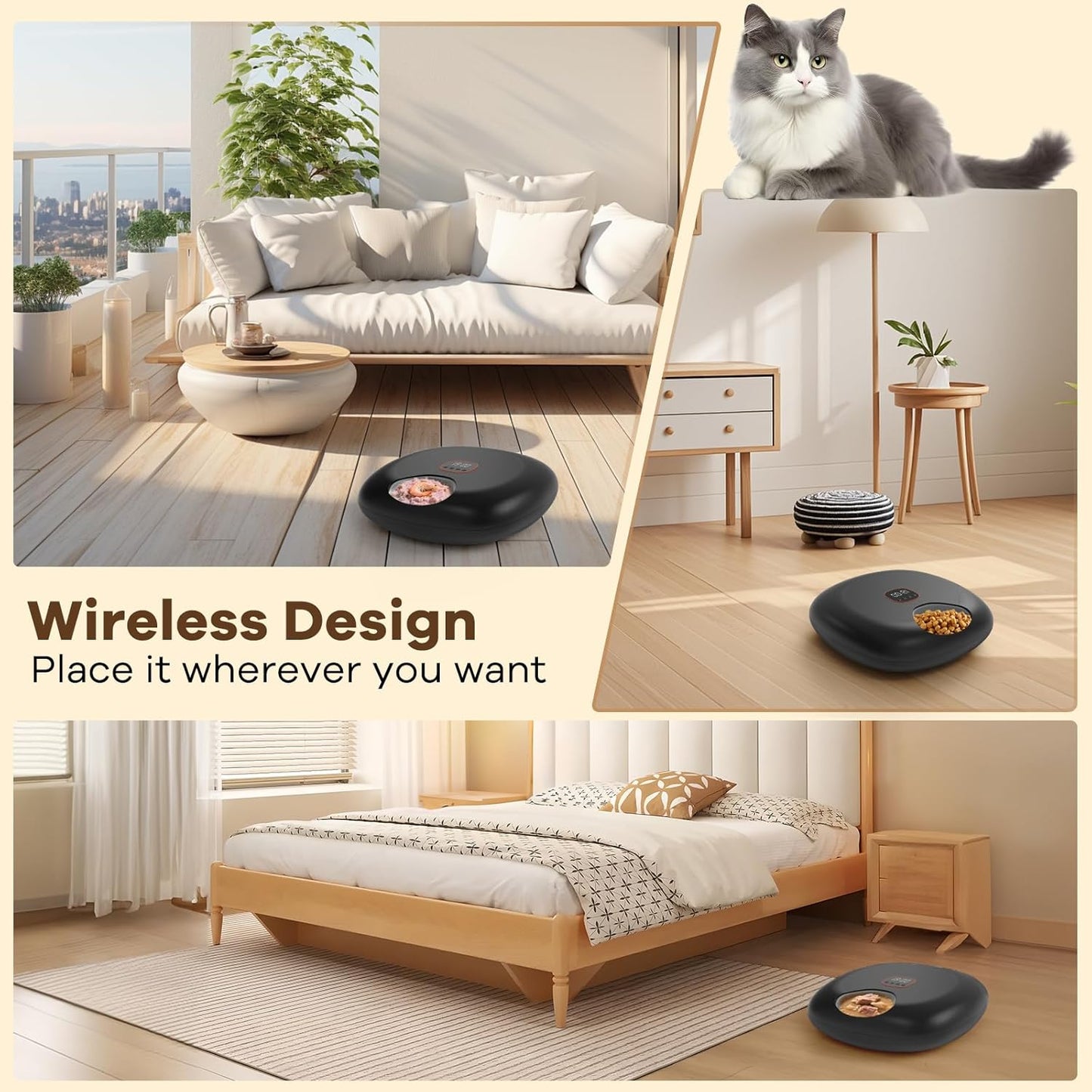 Automatic Cat Feeder Wireless, Sharper Image Auto Cat Food Dispenser for Wet Food with 2 Ice Packs, Rechargeable Auto Feeder for Cats with Programmable Timer Low Battery Indicator, Black