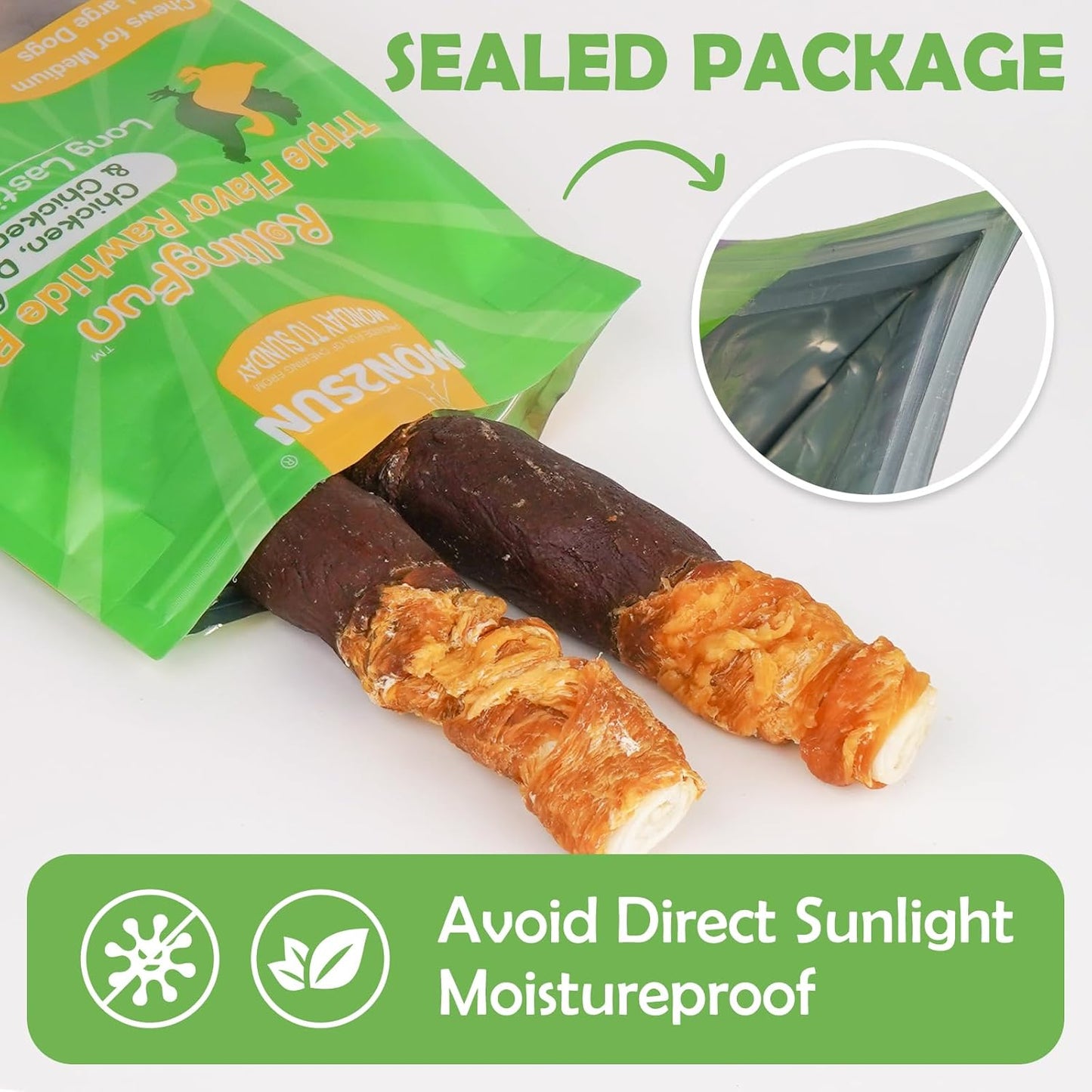 MON2SUN Dog Treats Triple Flavor 9 Inch Chicken Liver Duck and Chicken Wrapped Rawhide Rolls, Teeth Cleaning and Long Lasting Chews for Medium and Large Dogs, 22.2 oz(4 Count)