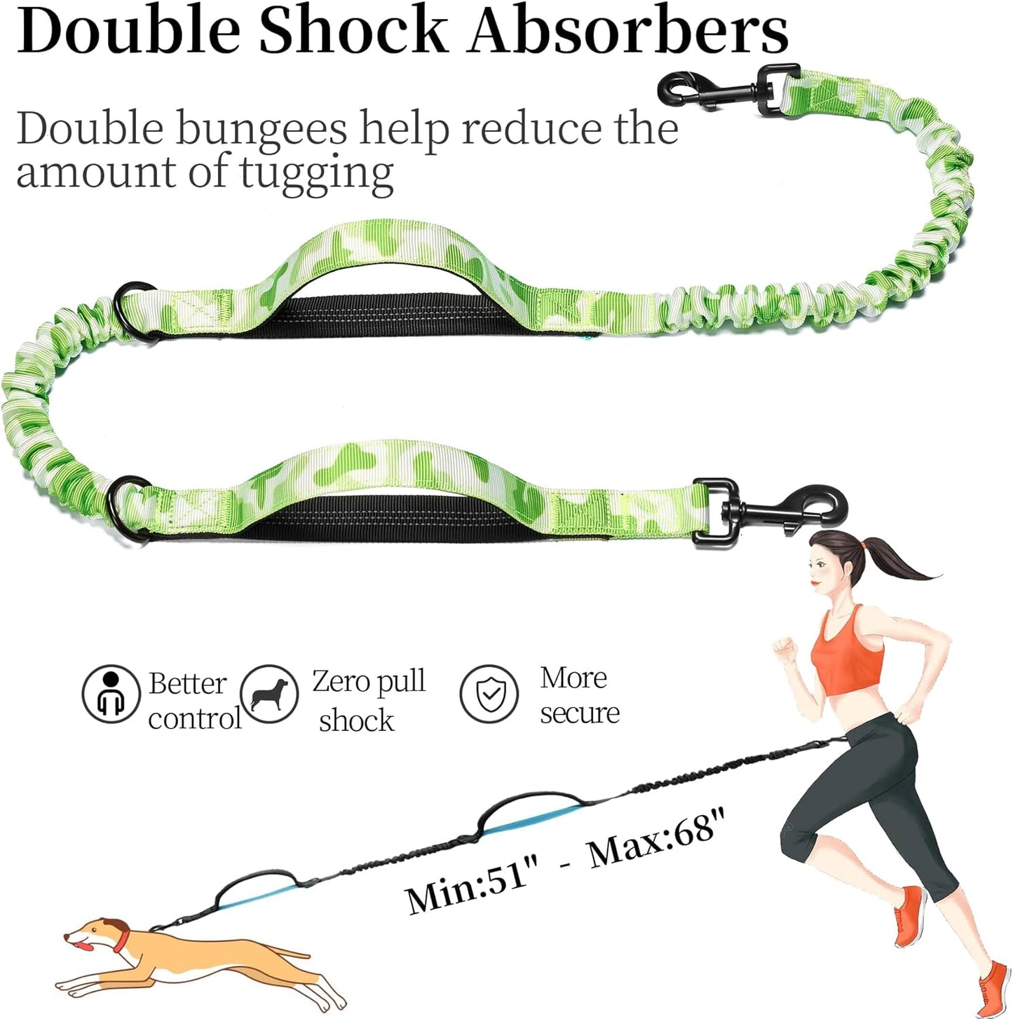 iYoShop Hands Free Dog Leash with Zipper Pouch, Dual Padded Handles and Durable Bungee for Walking, Jogging and Running Your Dog (White-Green Mix, Large)