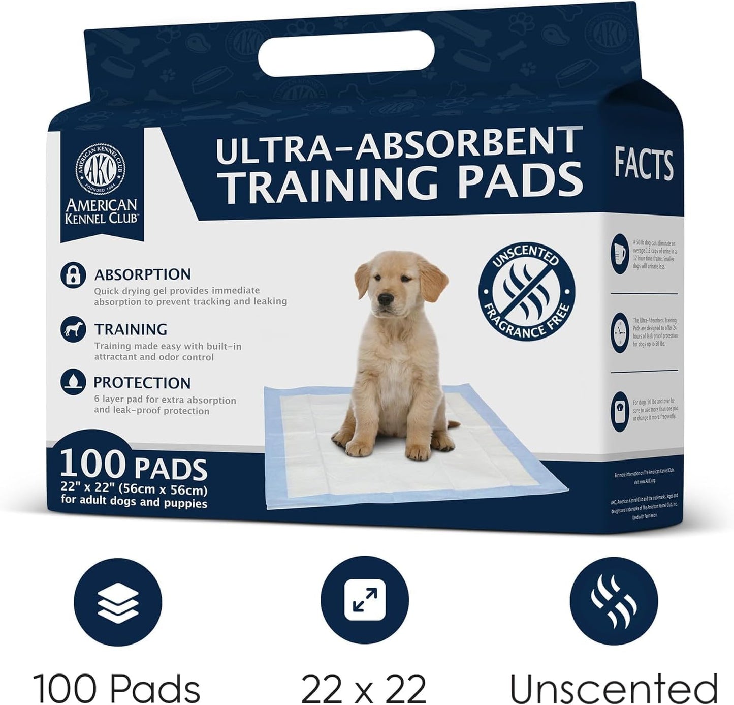 American Kennel Club Puppy Training Pads with Ultra Absorbent Quick Dry Gel – 22 x 22 Pee Pads for Dogs - 100 Count (Unscented)