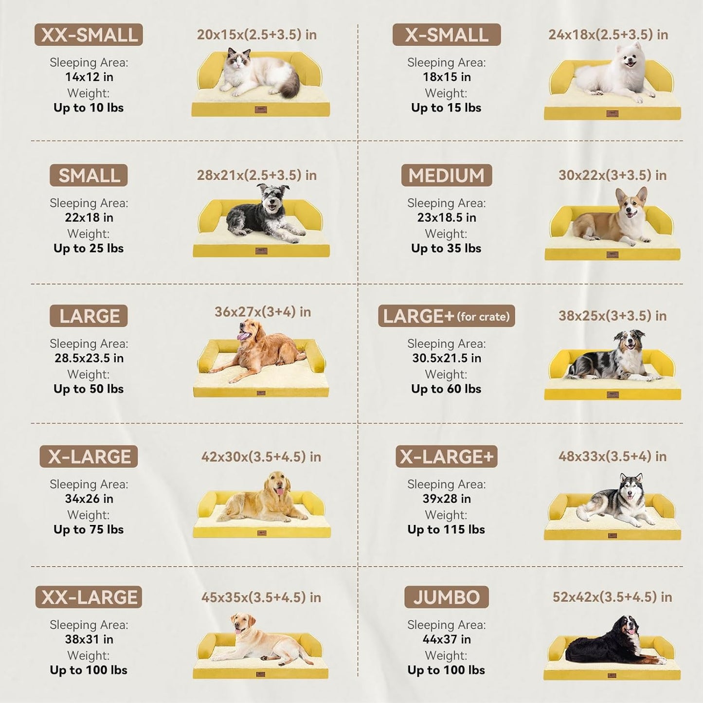 Large Dog Bed Orthopedic Washable - Couch Sofa - XL Large Big Dogs - Beds Bolster Pet - Memory Foam - Waterproof with Removable Cover - Ginger Yellow Dog Bed