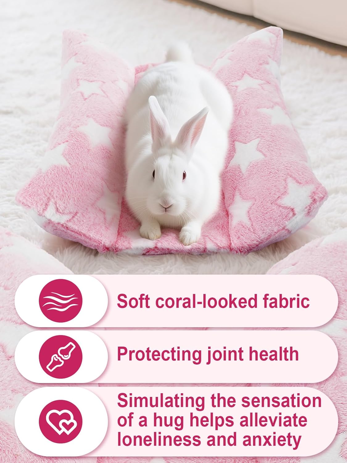 MEWTOGO 15.7x14in Rabbit Bed - Thickened Soft Bunny Concave Bed, Cuddle Cushion Plush Mat with Cotton Lounger Pillows for Cage Sleeping Indoor Bunny Gifts, Pink-Star