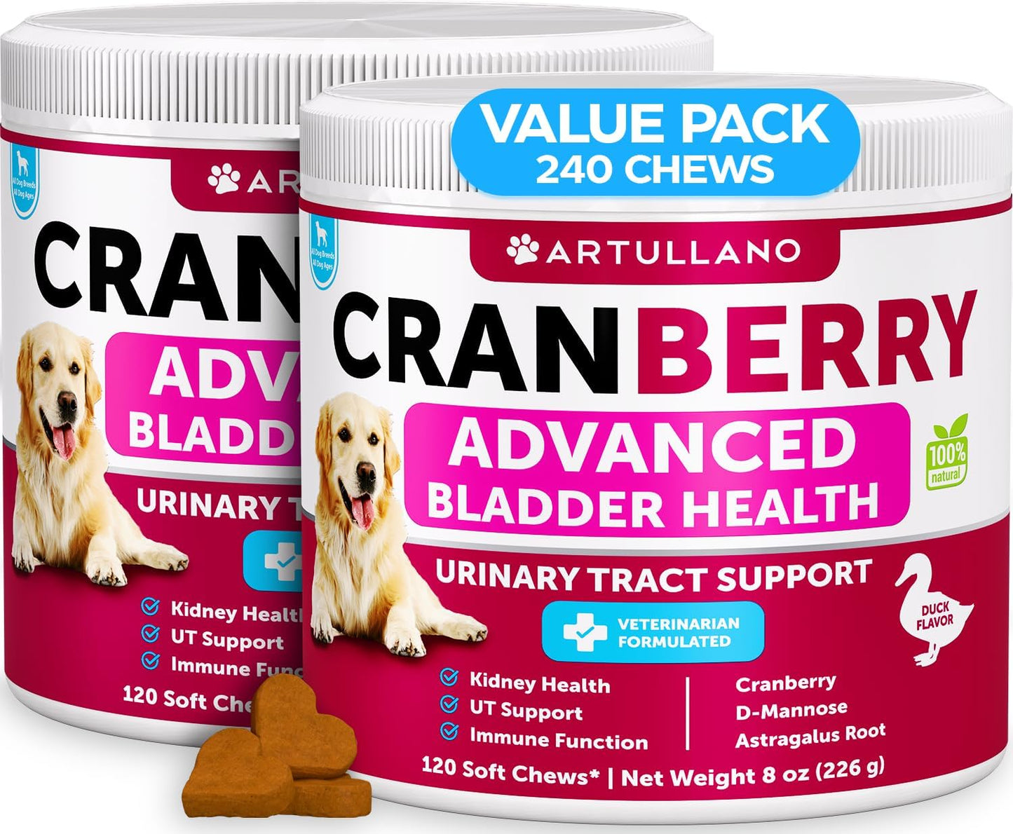 Dog UTI Treatment - Cranberry Supplement and Bladder Control for Dogs - UTI Chewable Treats (2 Pack) - 240 Chews for Kidney Support - Bladder Stones - Urinary Tract Infection Incontinence Treatment