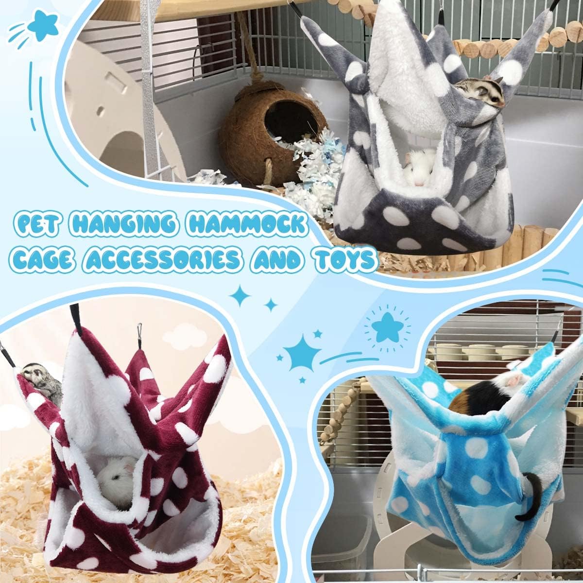 LEFTSTARER Rat Ferret Sugar Glider Cage Hammock Bedding Small Pet Cage Accessories Toy Triple-Layer Hammock Bedding for Hamster Guinea Pig Sugar Glider Rat Ferret Chinchilla Playing Sleeping (Blue)