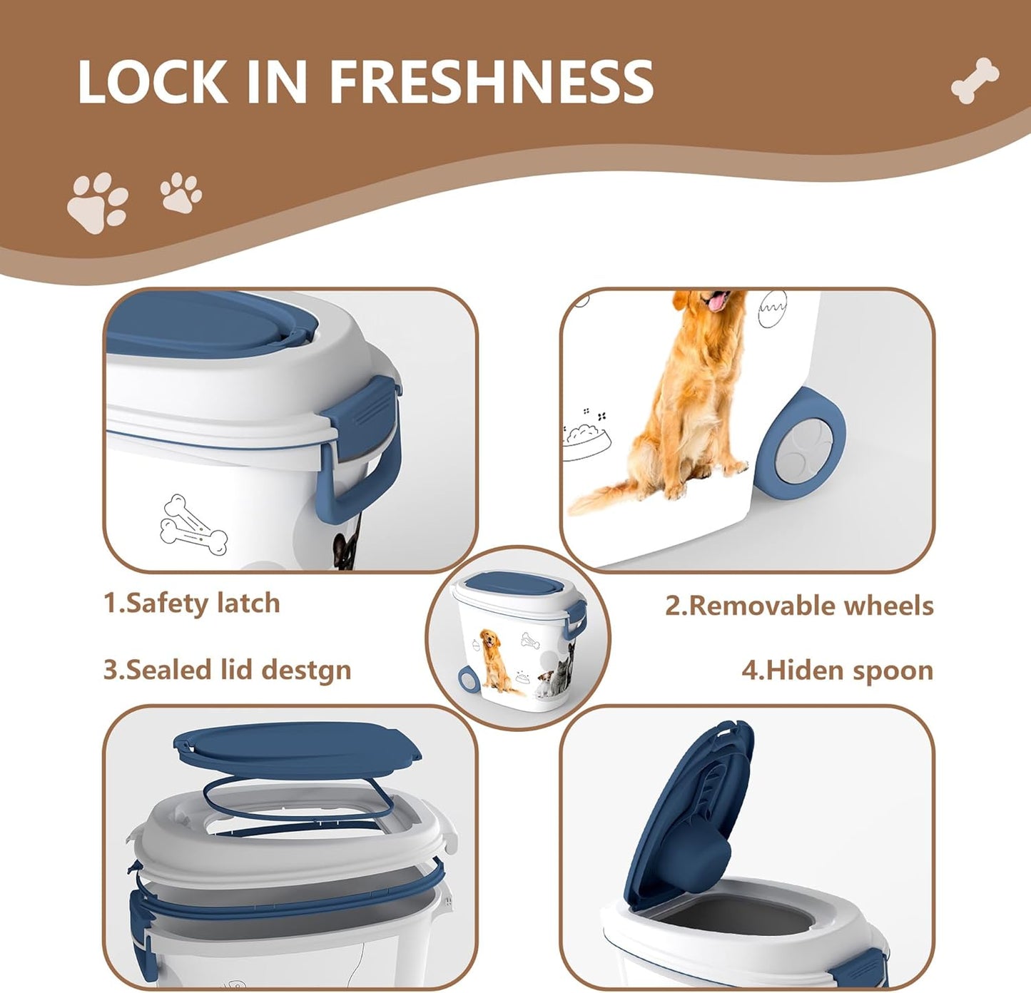 Pet Food Storage Container with Wheels Resin 40LB Capacity Dog Food Container with Slow Feeder Bowl and Scoop Easy to Move to Keep Food Fresh for Dogs, Cats, Birds