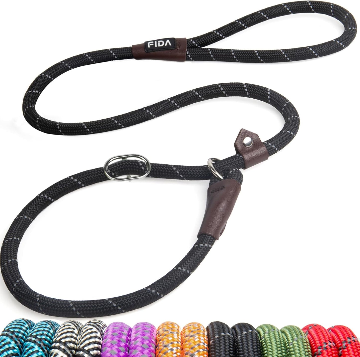 Fida Slip Leads for Dogs, 4 FT x 1/2" Dog Leash Heavy Duty Comfortable Strong Rope Lead for Large, Medium Dogs, No Pull Pet Training Leash with Highly Reflective, Black