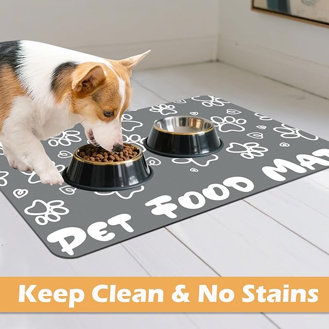 Pet Feeding Mat, Absorbent Cat Dog Mat for Food and Water Bowls Floors, No Stains Quick Dry Cat Dog Feeding Water Bowl Mats for Sloppy Drinkers, Pet Feeding & Watering Supplies (Grey, 16"x 24")