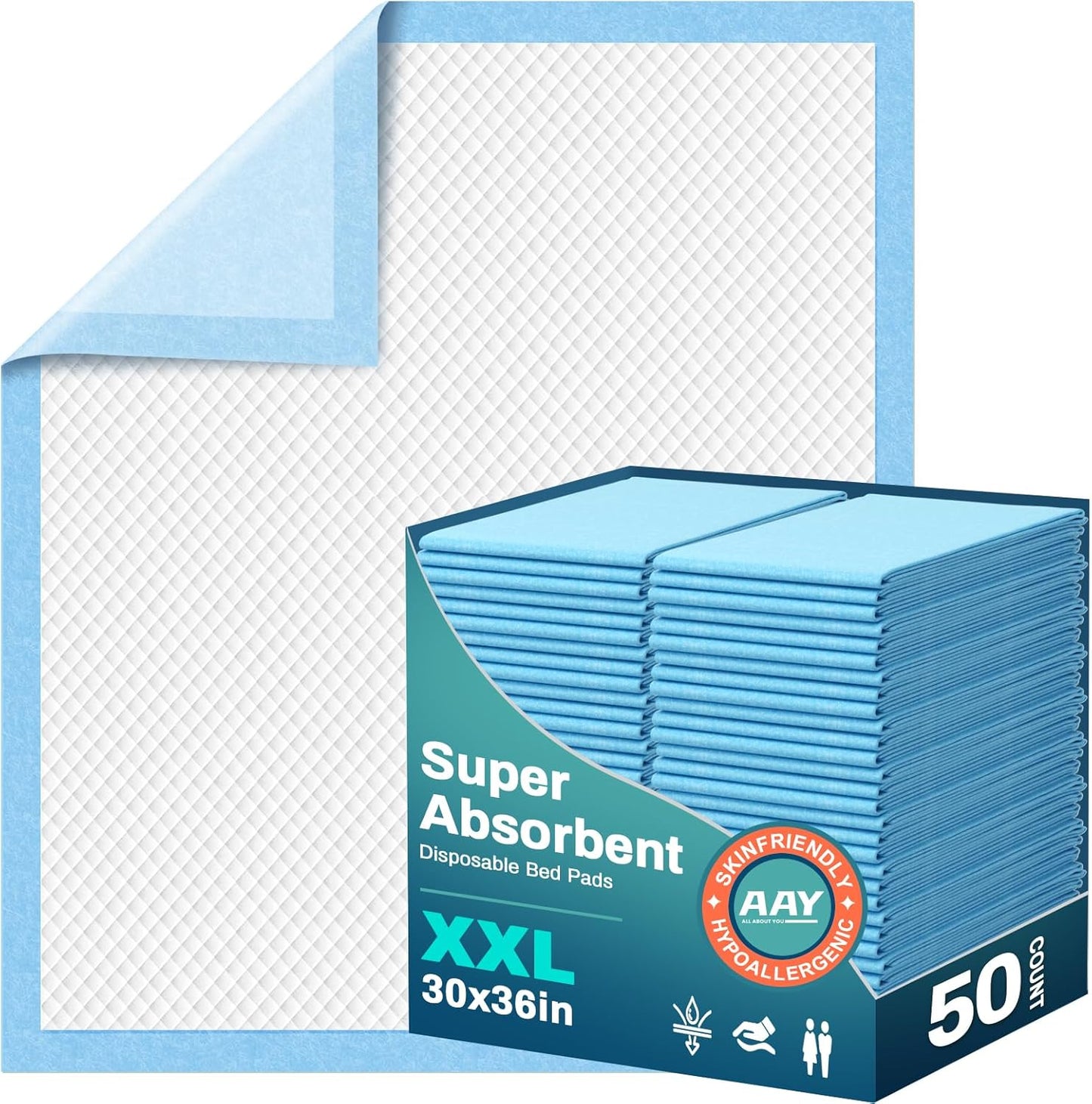 AAY Upgraded Bed Pads Disposable 30" x 36" (50 Count), Extra Large Super Absorbency Disposable Underpads for Incontinence, Premium Leakproof Protective Chucks Pee Pads for Adult, Kids, Puppy Training