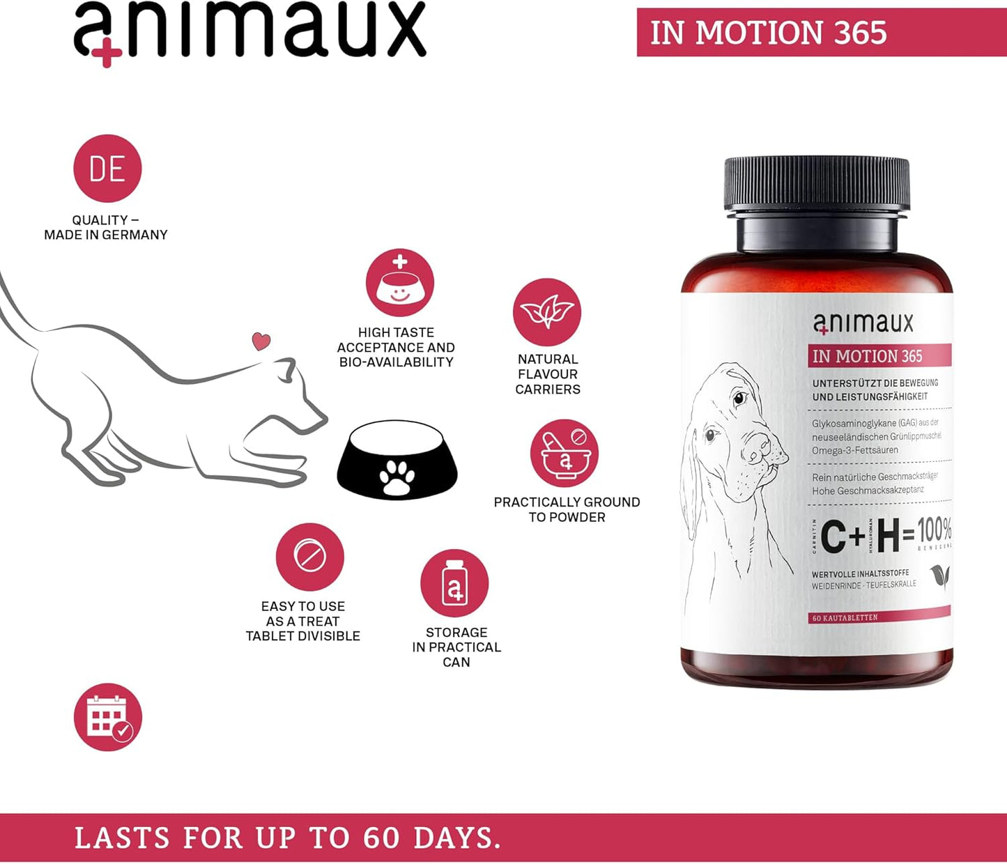 animaux – in Motion 365 for Dogs, Joints, Bones, Mobility, Ligaments and Tendons, Green-Lipped Mussel, Willow Bark and Devil’s Claw, Natural Pain Relief, 60 Chewable Tablets, 60 Days Supply