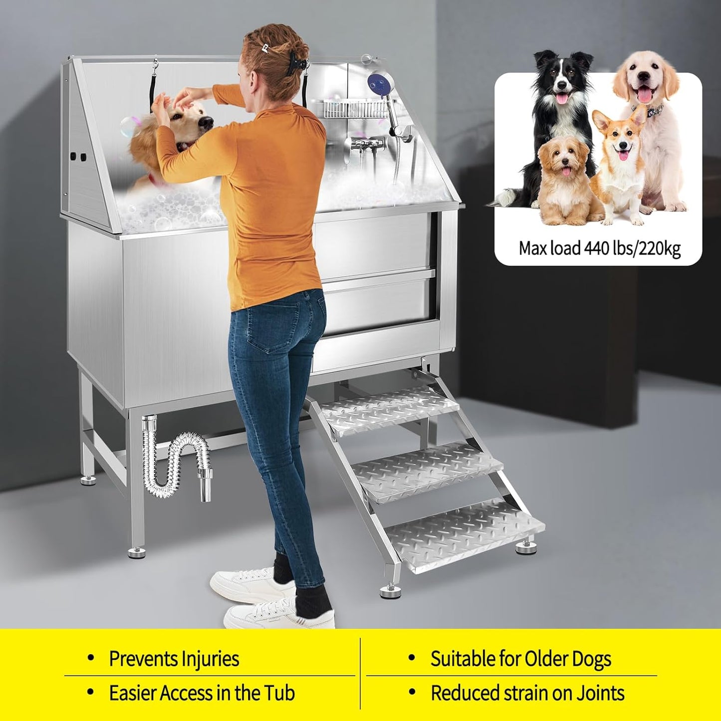 50" Pet Dog Bathing Station w/Ramp, Professional Stainless Steel Cat Grooming Tub w/Soap Box, Faucet,Rich Accessory, Dog Bathtub for Large,Medium,Small Pets, Washing Sink for Home