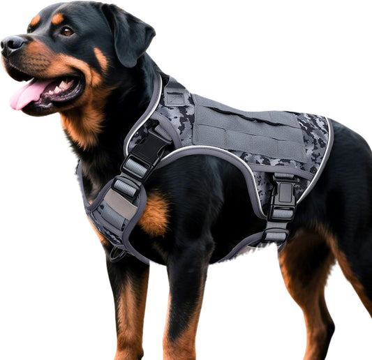 Heavy-Duty Tactical Dog Harness for Large Dogs, No Pull Adjustable Reflective Pet Vest with Molle System, K9 Military-Grade Control for Service Training, Outdoor & 10+ Breeds, Gray Camo, XX-Large