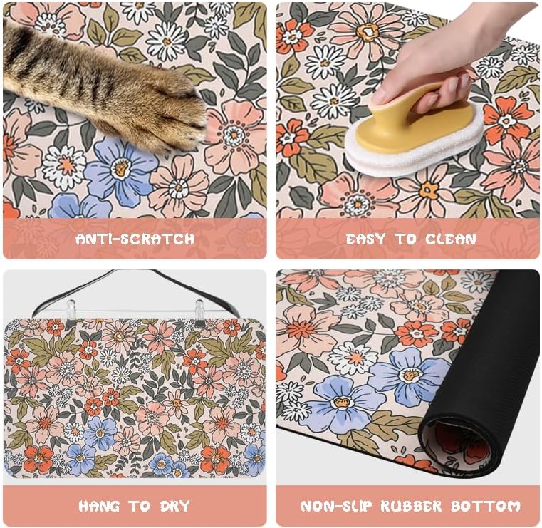 Dog Food Mats for Floors Waterproof, Cat Water Bowl Mats Pet Feeding Absorbent Placemats Flower 12 * 20 inch