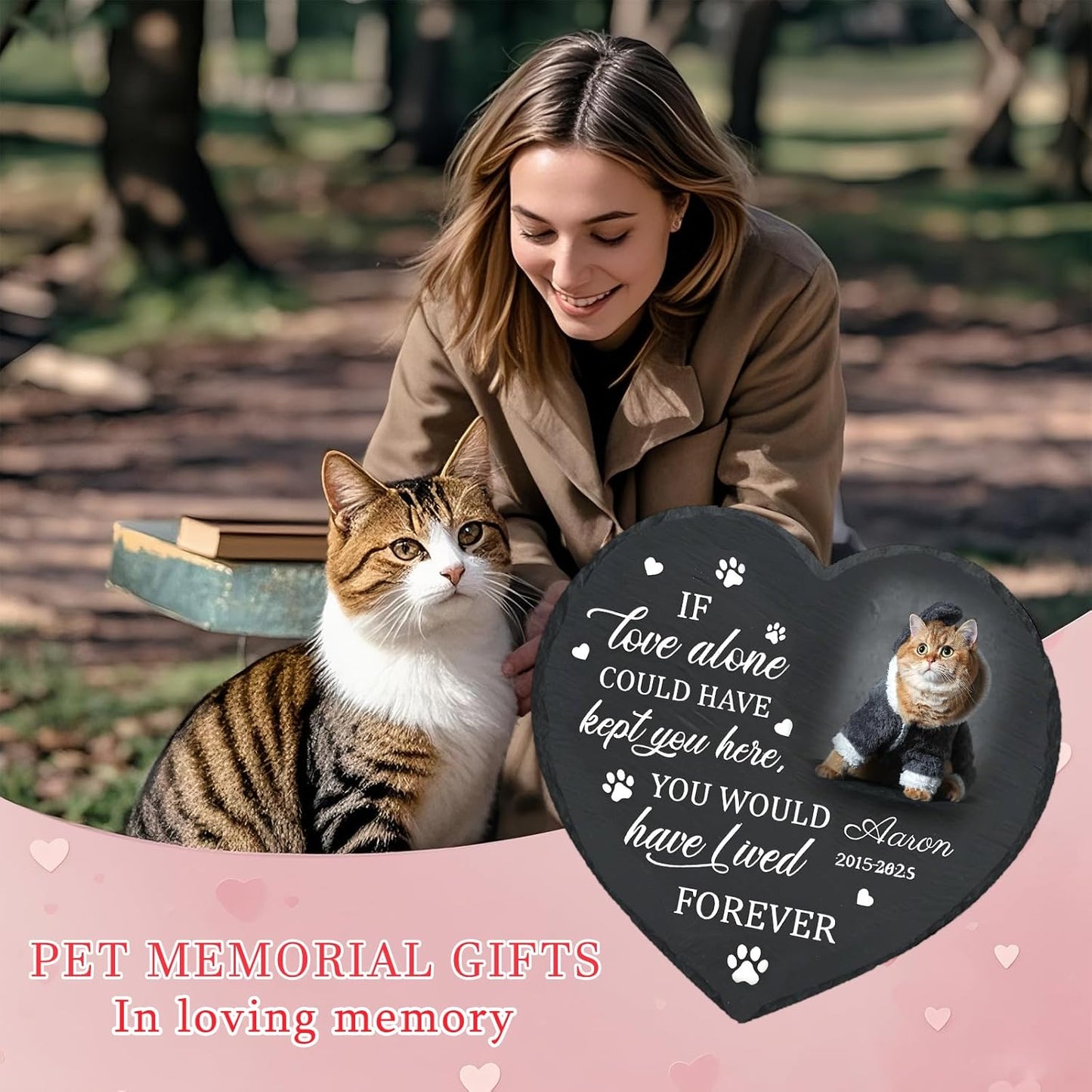 Personalized Pet Memorial Stone - Heart-Shaped Custom Cat Grave Marker with Engraved Name & Photo - Pest Grave Stone for Remembrance Dog/Cat Passing Away Sympathy Gifts (Style D)