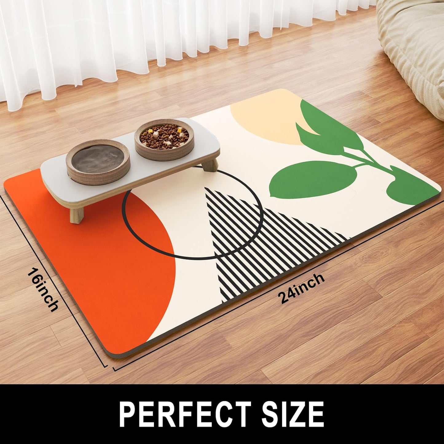 Dog Food Mat, 16" x 24" Absorbent Dog Cat Bowl Mat for Food and Water, Cute Anti-Slip Rubber Pet Feeding Rug Protect Floors, Placemat for Feeding & Watering Supplies, Modern Abstract Art