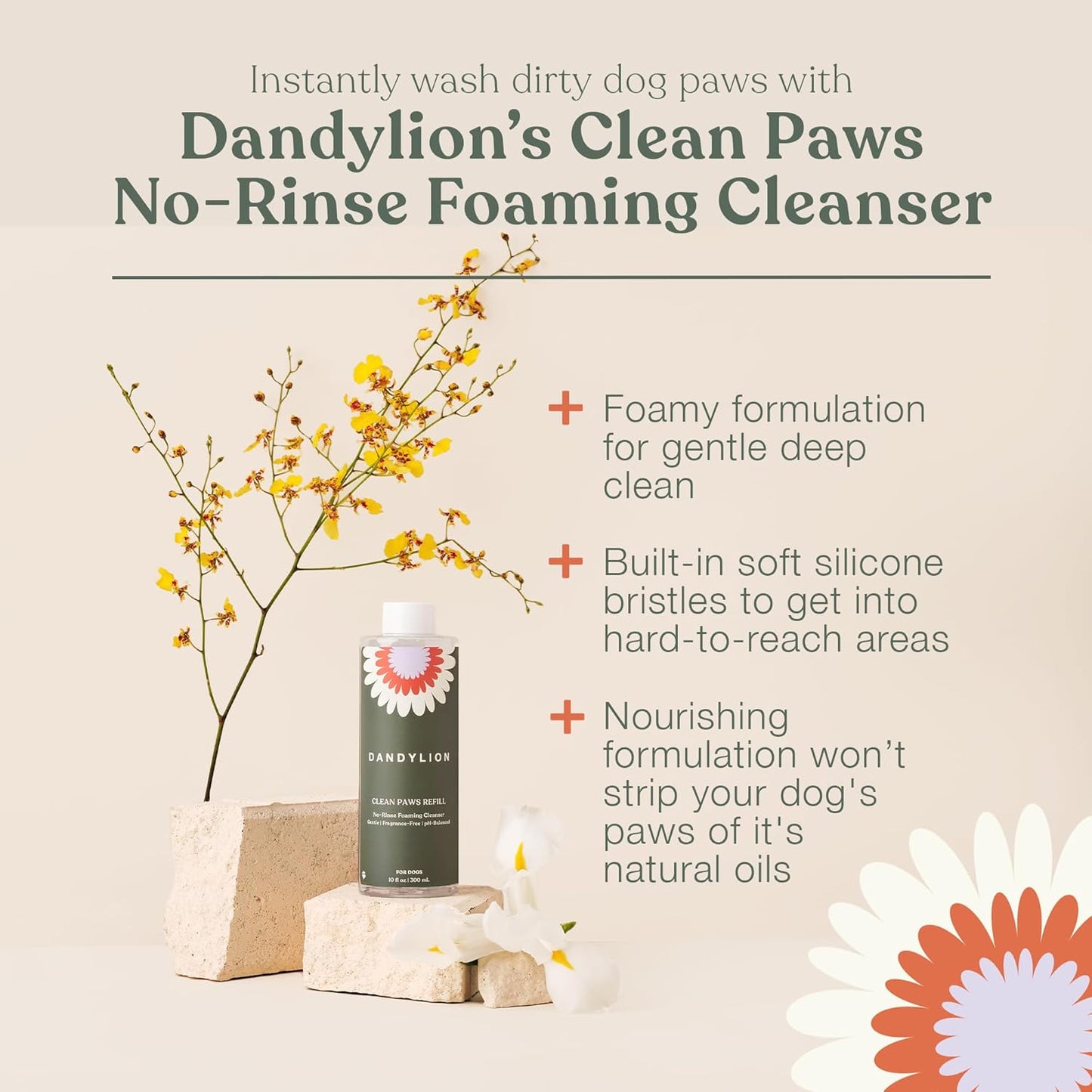 Dandylion Clean Paws No-Rinse Foaming Cleanser Refill – Gentle, Fragrance-Free, pH-Balanced for Dogs, 10 fl oz