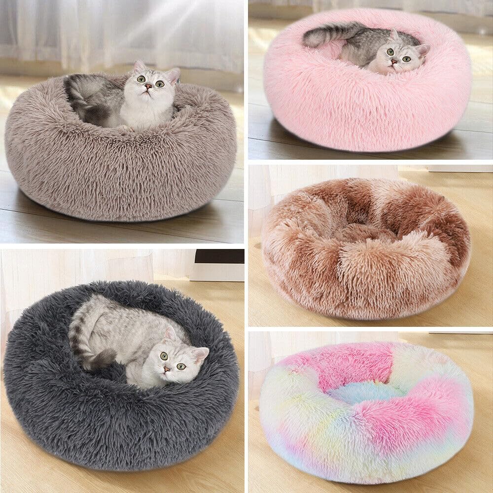 Cat Beds for Indoor Cats - Cat Bed Washable 20/24 inches, Dog Beds for Small Medium Dogs, Anti Anxiety Round Fluffy Plush Faux Fur Cat Bed, Thick Bottom (Dark, Medium)