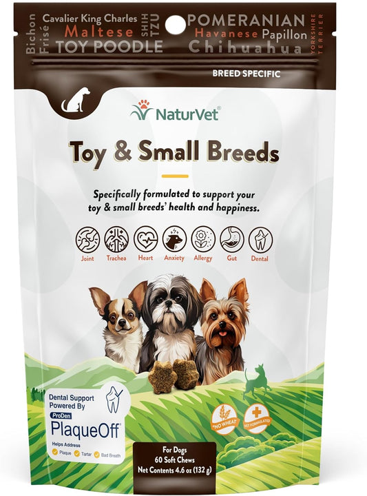 NaturVet Small Breeds Supplement- for Joint Support, Digestion, Skin, Coat Care- Dog Multivitamins with Minerals, Omega-3, PlaqueOff- Wheat-Free Vitamins for Dogs- Toy and Small Breeds- 60 Soft Chews