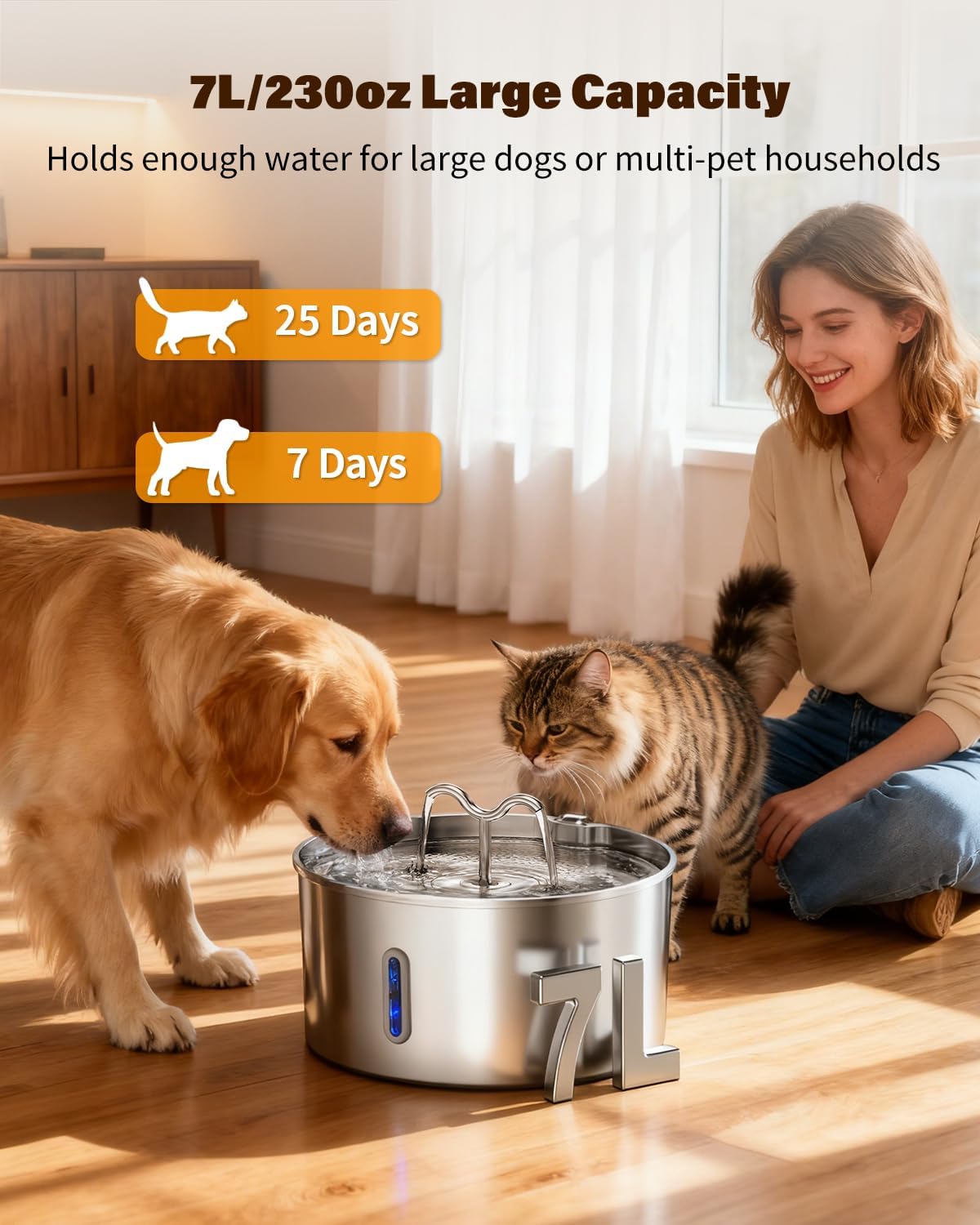 Dog Water Fountain for Large Dogs, 7L/236oz Stainless Steel Dog Water Bowl Dispenser, Automatic Pet Fountain, Ultra Quiet Pump, Large Drinking Area