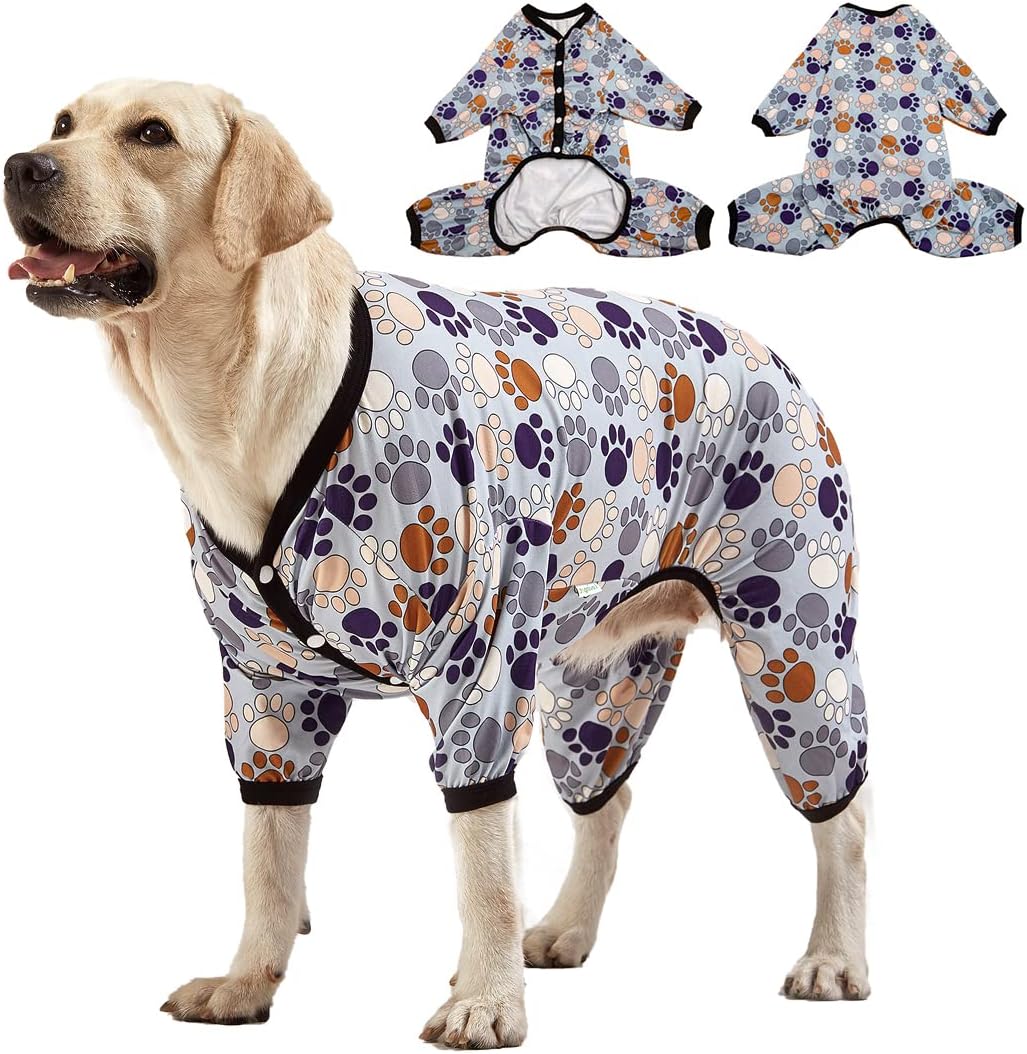 LovinPet Large Breeds Dog Onesies - Dog Pajamas, Lightweight Stretchy Fabric, Dog Long Sleeve Shirt, Paw-Some Steel Gray Print, Dog Jumpsuit, UV Protection, Pet PJ's /3XL