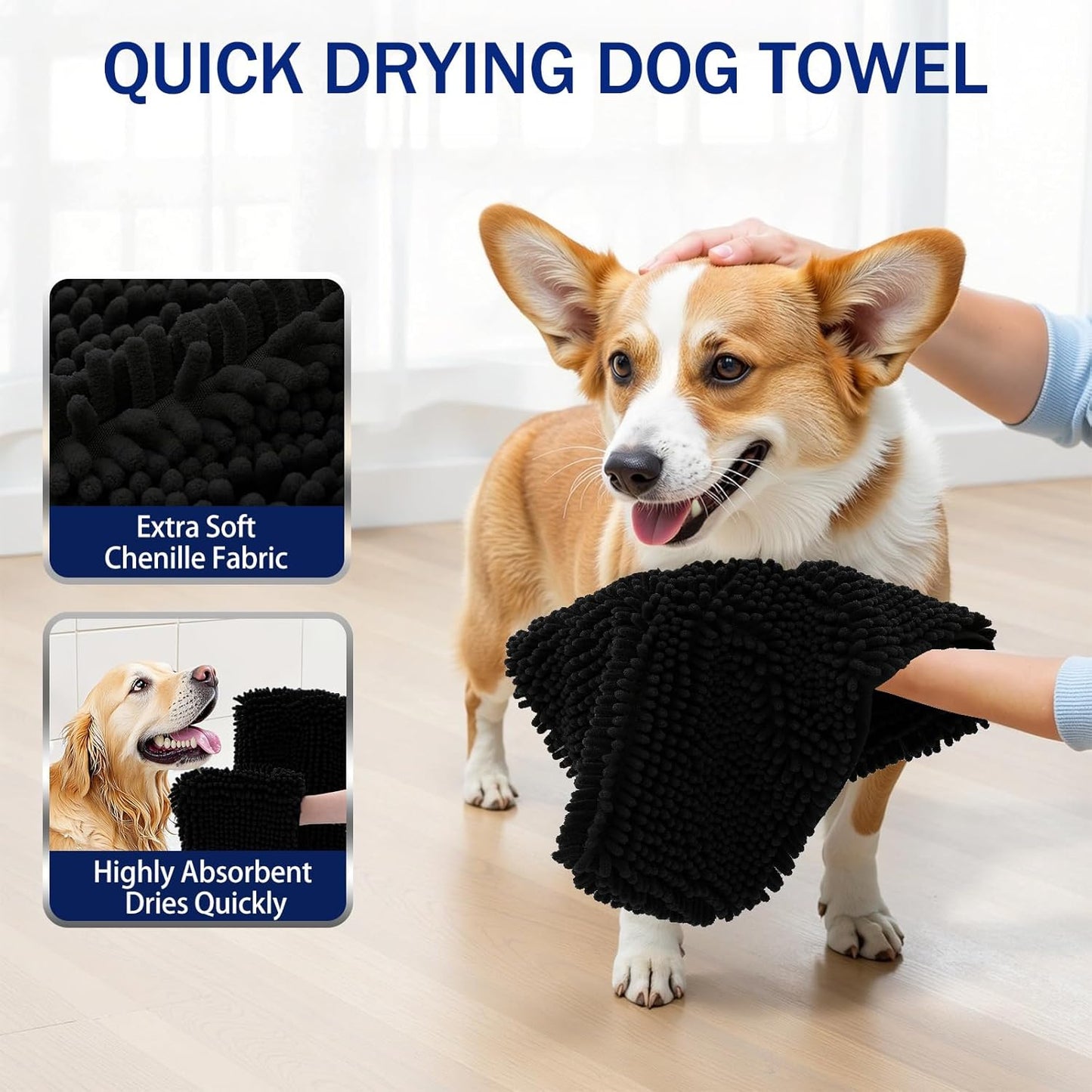 OLANLY Chenille Dog Bath Towel 31x13, Ultra Absorbent Quick Dry Pet Towel, Extra Soft Washable Plush Towel for Large Dogs & Puppies, Indoor Outdoor Use, Black