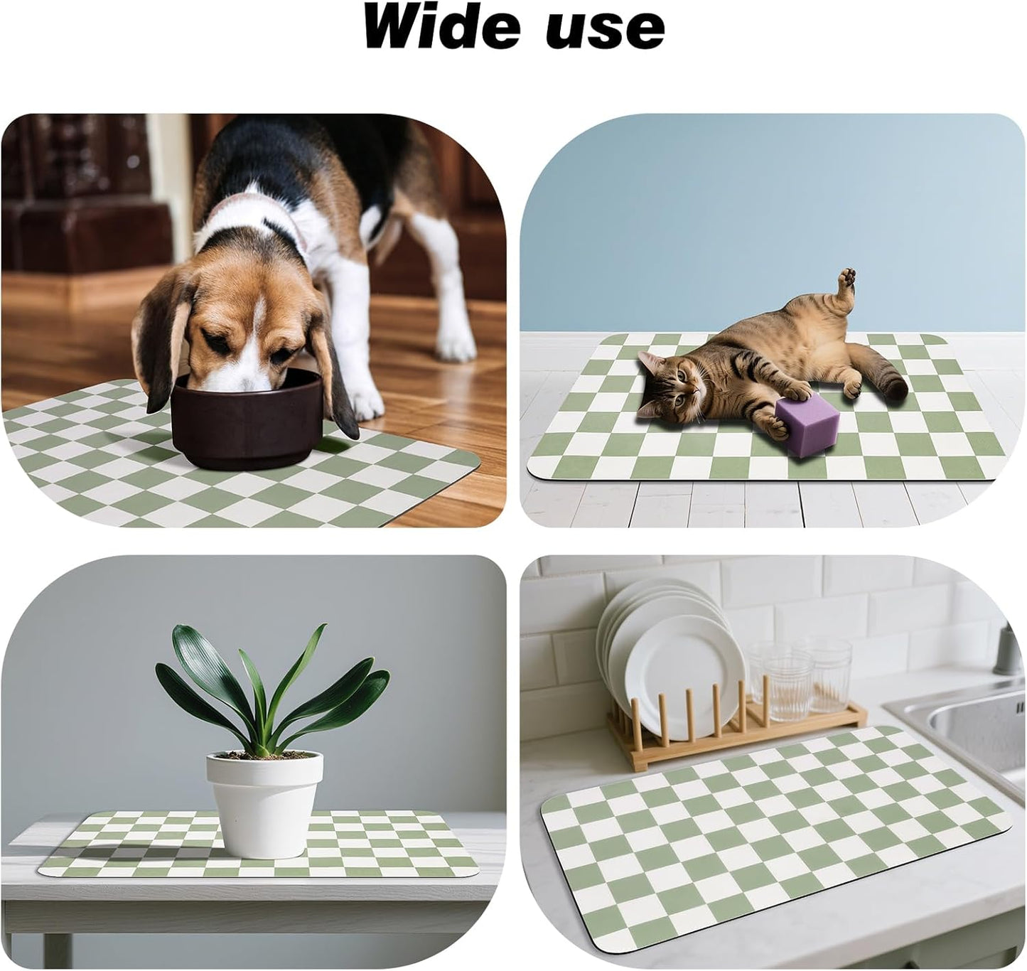 Checkered Pet Feeding Mat, Absorbent Dog Mat for Food and Water Bowls Dispenser 17" x 32" Green