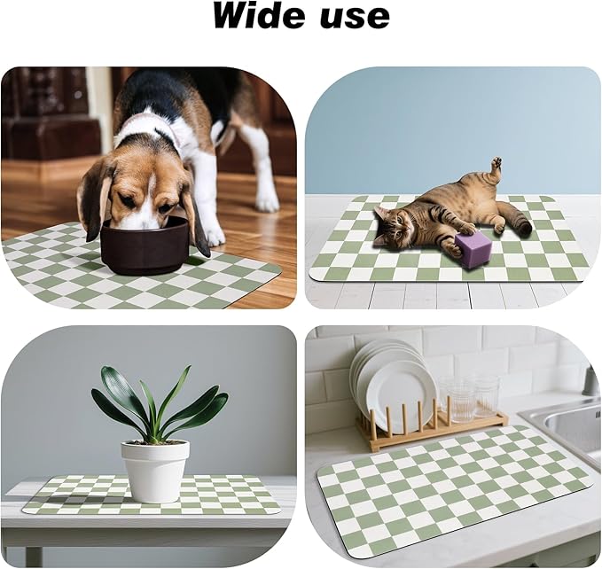 Checkered Pet Feeding Mat, Absorbent Dog Mat for Food and Water Bowls Dispenser 16" x 24" Green
