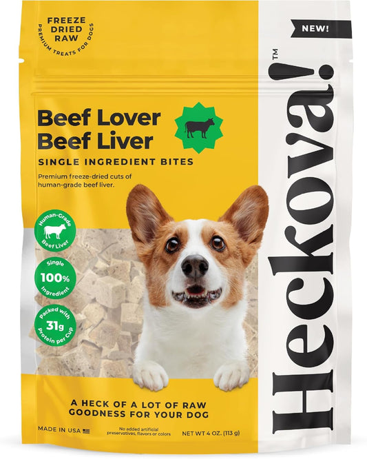 Beef Lover - Freeze Dried Beef Liver Dog Treats - Single Ingredient Human Grade Raw Beef Liver Bites for Training, Meal Topper, No Additives, High Protein, 31g Per Cup, 4oz Bag