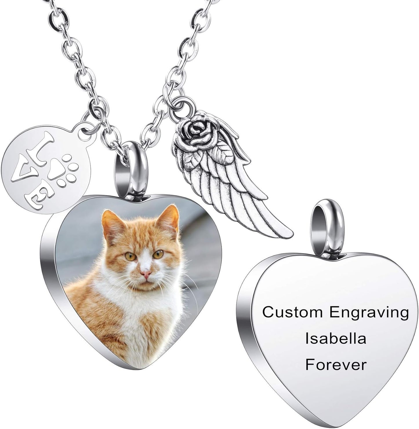 MeMeDIY Personalized Heart Paw Print Ashes Urn Pendant Necklace Custom Name/Photo/Date for Women Men Pet Lover Stainless Steel Memorial Dog Cat Pet Keepsake with Funnel Fill Kit Angel Wing