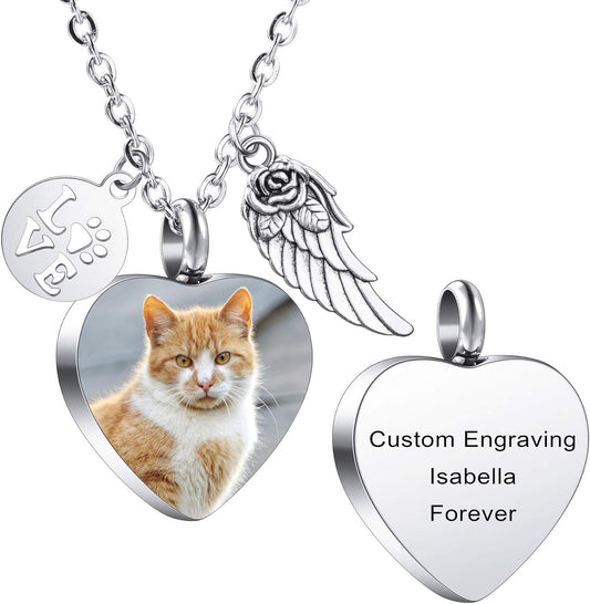 MeMeDIY Personalized Heart Paw Print Ashes Urn Pendant Necklace Custom Name/Photo/Date for Women Men Pet Lover Stainless Steel Memorial Dog Cat Pet Keepsake with Funnel Fill Kit Angel Wing