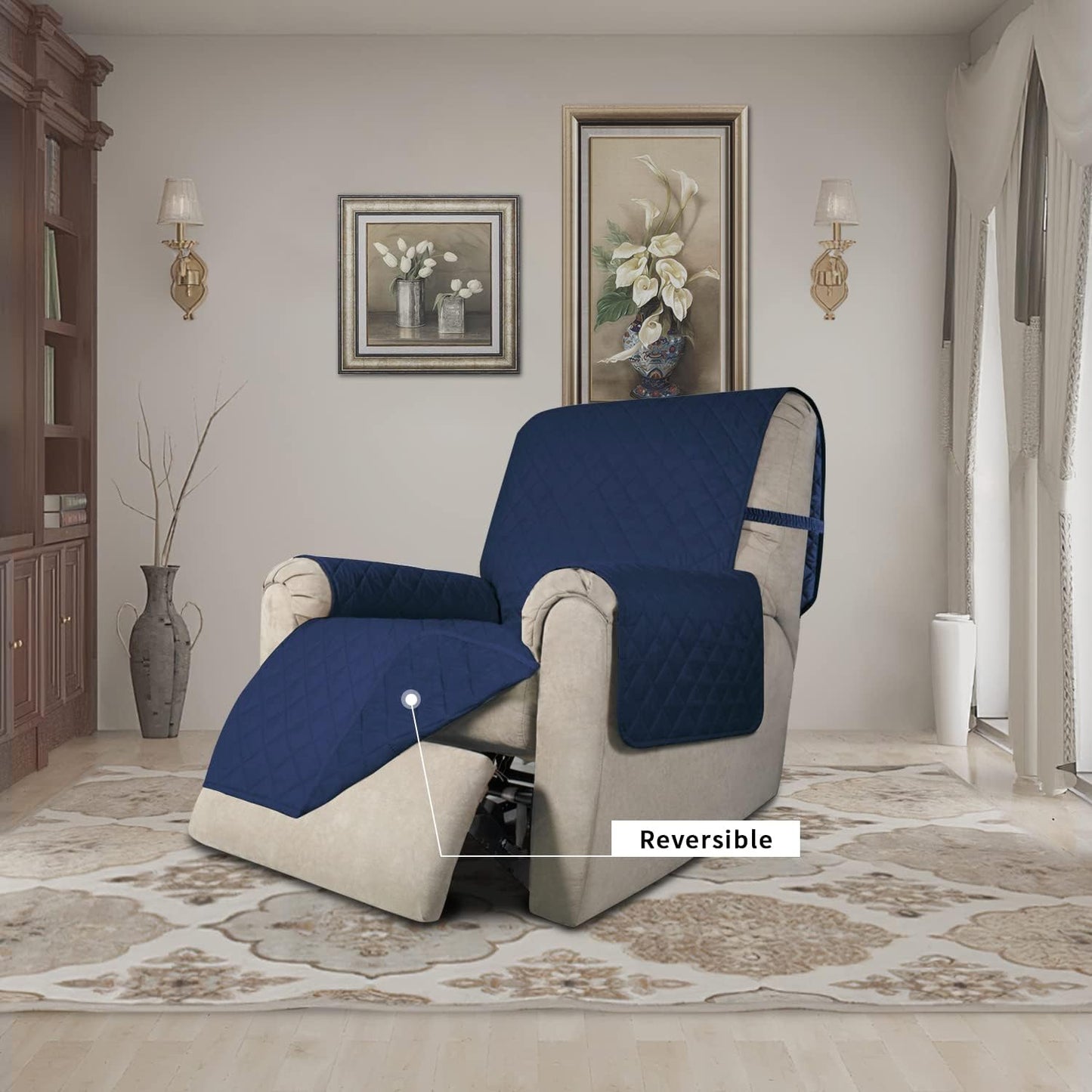 Easy-Going Recliner Chair Slipcover Reversible Sofa Cover Water Resistant Couch Cover Furniture Protector with Elastic Straps for Pets Dog (Recliner 22 inch, Navy/Navy)