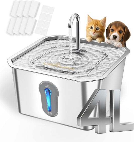 Cat Water Fountain Stainless Steel 135oz/4L Pet Water Fountain for Cats Indoor with 16 Filters Pets Dog Small Animal Automatic Dog Water Dispenser with 8 Filters 8 Sponges Quiet