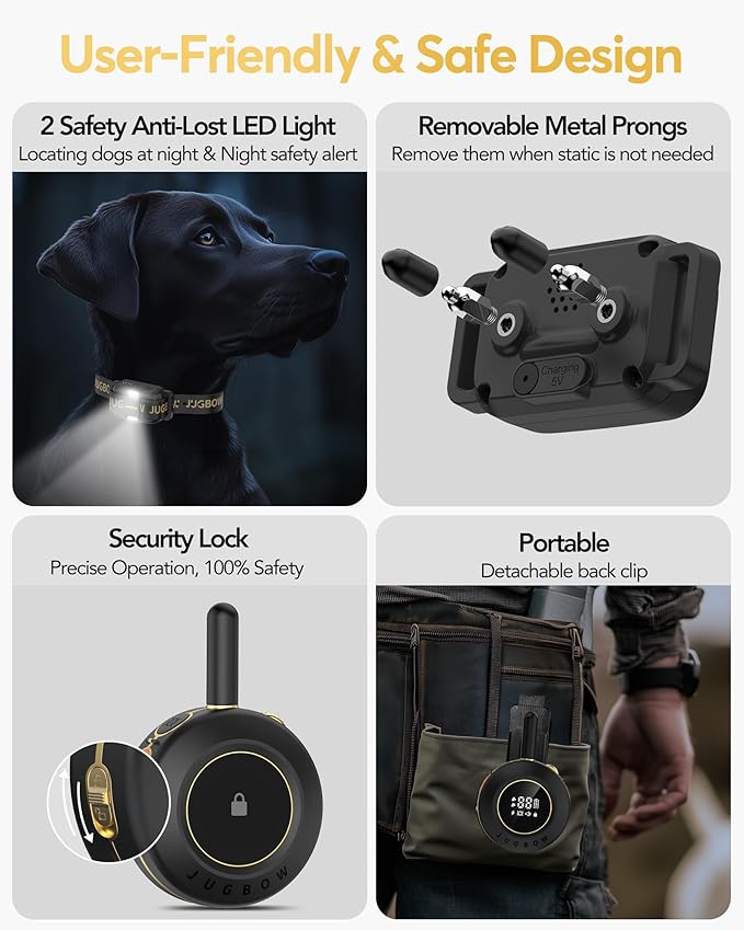 Jugbow Dog Shock Collar - 3/4 Mile Dog Training Collar with Remote for Large Medium Small Dogs, Rechargeable IPX8 Waterproof E-Collar with 3 Training Modes, LED Light & Security Lock (Black)