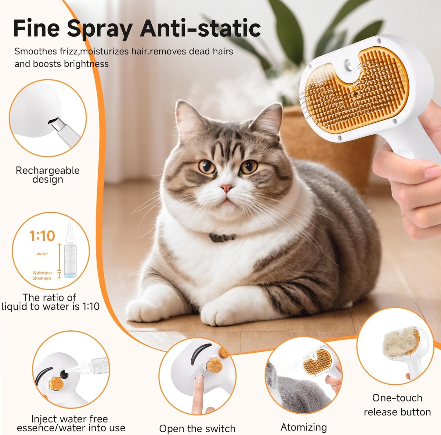 Pet Steam Brush for Dog & Cat – 3-in-1 Spray Hair Removal Comb – Steam for Shedding & Grooming – Water Brush for Long & Short Haired Pets – Spritz Defur Comb