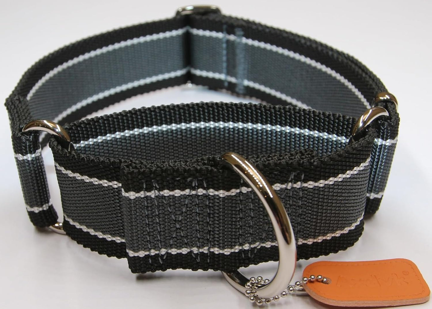 Martingale Collar 1.5 Inch Wide 1600D Extra Strong Anti Escape Nylon Dog Collar, No Pull Heavy Duty Pet Collars with 3-Color Stripe for Medium Dogs (M, Gray Blue & Black)