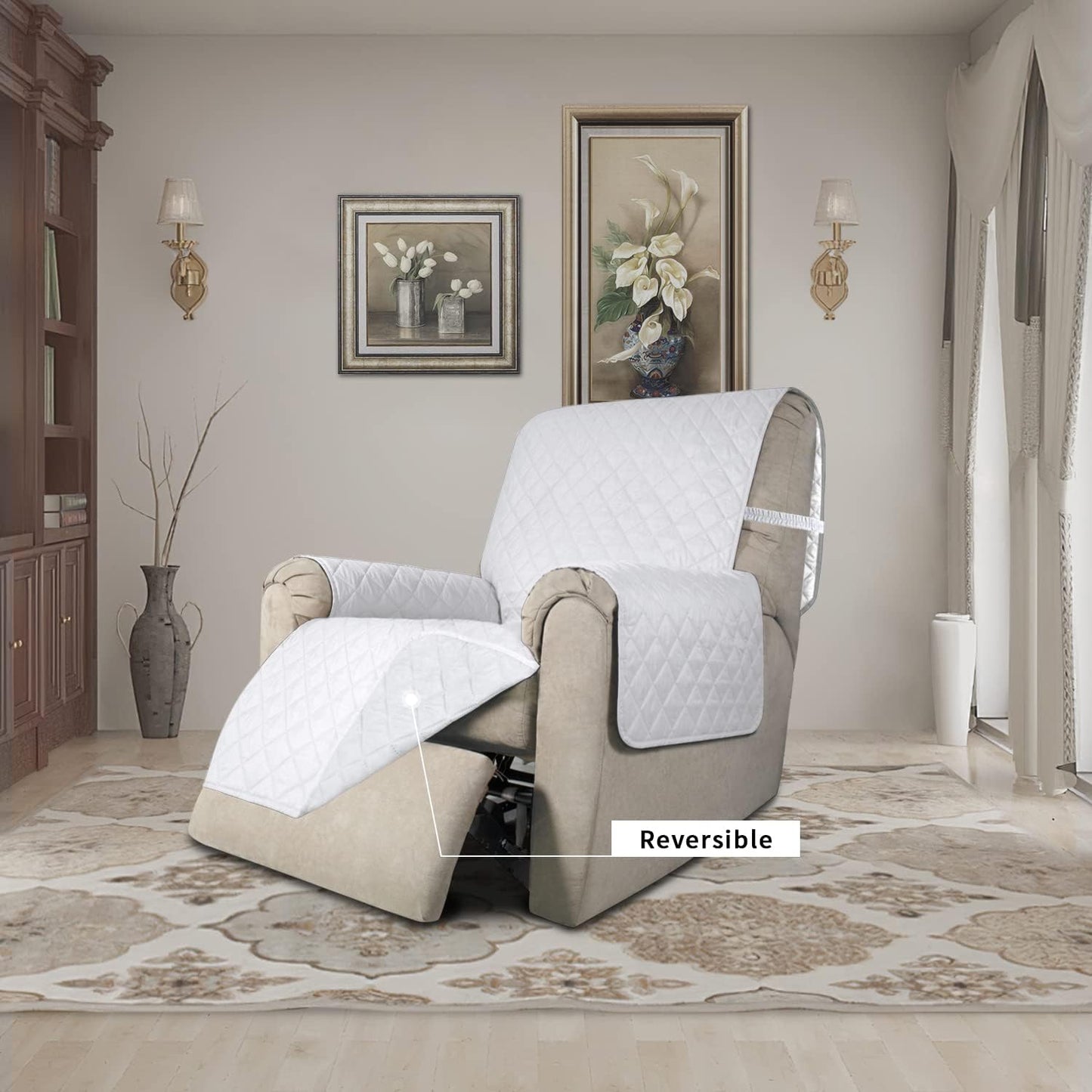 Easy-Going Recliner Chair Slipcover Reversible Sofa Cover Water Resistant Couch Cover Furniture Protector with Elastic Straps for Pets Dog (Recliner 22 inch, White/White)