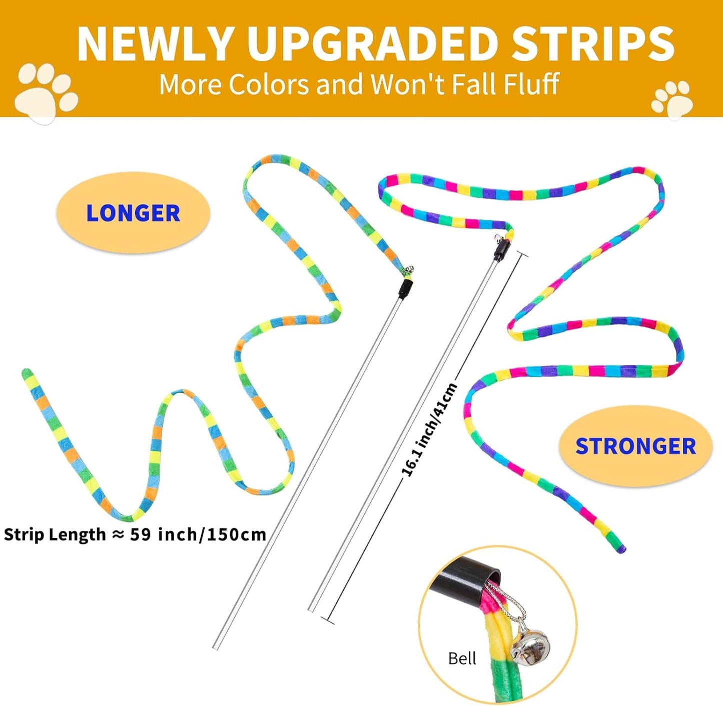 FYNIGO Interactive Cat Rainbow Wand Toys for Indoor Cats and Kittens,Extended Colorful Cat Teaser Wand String Plush Toy,Original Product Strong and Sturdy Pole with Bells(2 Pack)