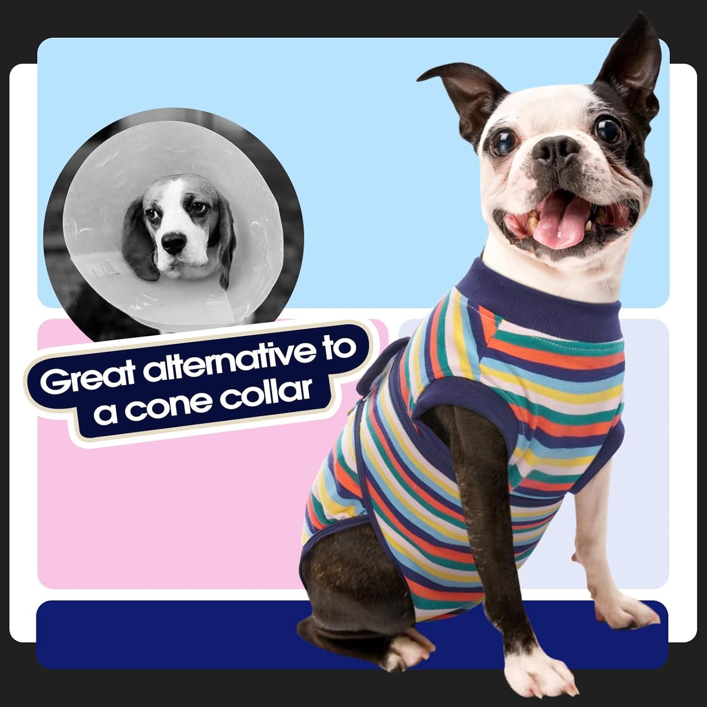 FUAMEY Recovery Suit for Dogs After Surgery,Soft Breathable Dog Bodysuit E-Collar & Cone Alternative Surgical Suit,Male Female Dog Neuter Spay Suits Anti Licking Wounds Onesie Dark Blue Stripes S