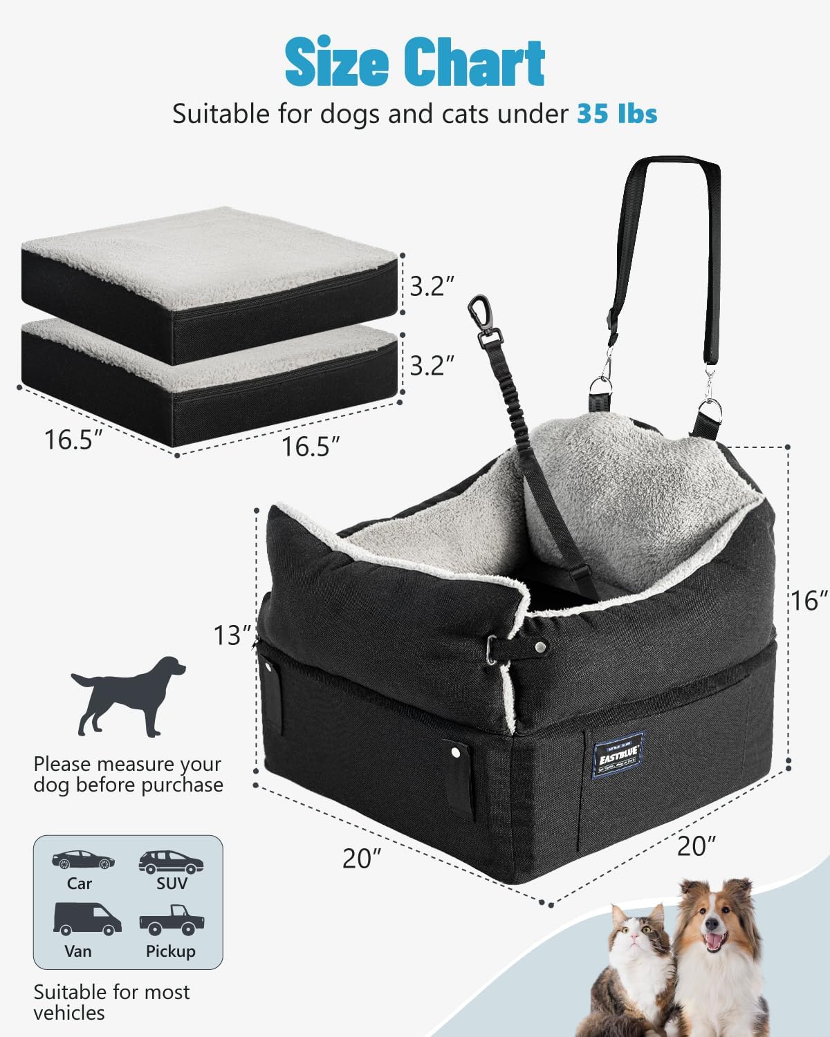 EASTBLUE Dog Car Seat for Small Medium Dogs Up to 35 lbs, Memory Foam Dog Booster Car Seat with Seatbelt, Detachable Washable Pet Carseat for Puppy & Cat, Dogs Travel Bed for Cars (Black/Grey)
