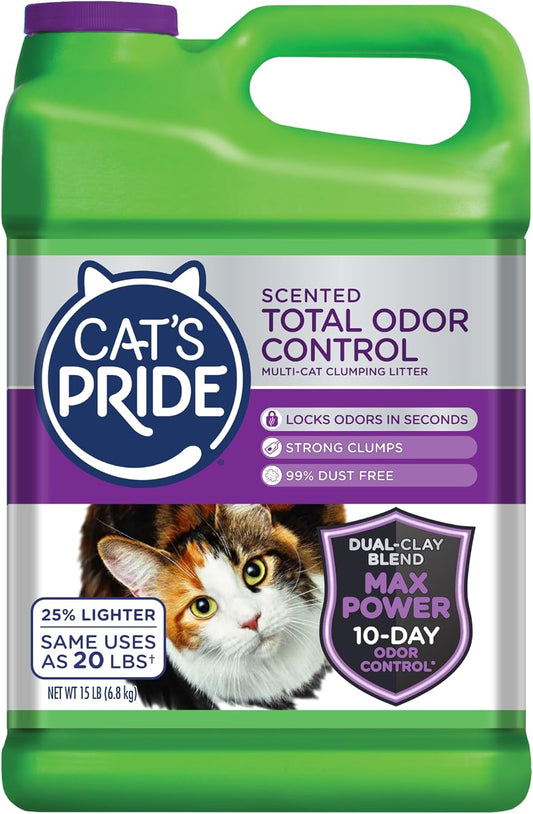 Cat's Pride Max Power: Total Odor Control - Up to 10 Days of Powerful Odor Control - Strong Clumping - 99% Dust Free - Multi-Cat Litter, Scented, 15 Pounds