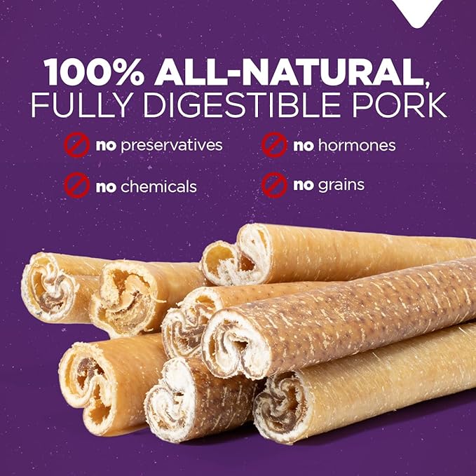 Natural Farm Pork Collagen Sticks Dog Chews, 6-Inch (15 Pack), Odor-Free Long-Lasting Chews, 100% Natural Pork Bacon Skin, Great Alternative for Bully Stick & Rawhide, Great for All Dogs