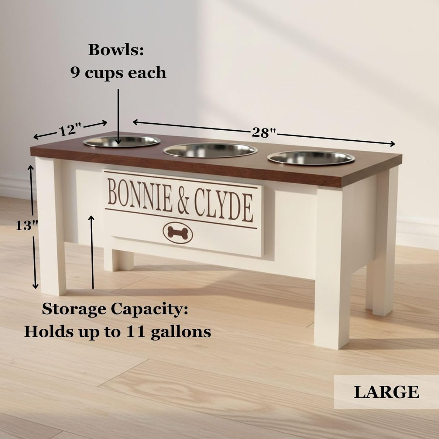 GrooveThis Woodshop - Personalized Elevated Triple Dog Bowl Stand for Large, Medium, Small, X-Small Dogs - 3 Stainless Steel Food and Water Bowls - Raised Dog Dish with Internal Storage (Large, Pink)