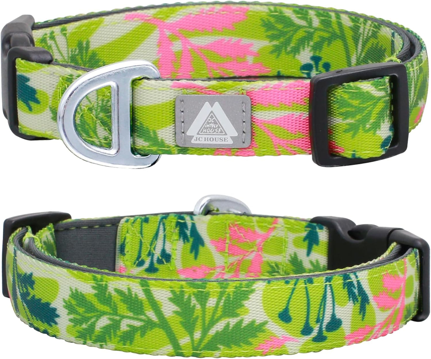 Medium Dog Collar with Reflective Logo and Soft Padded Neoprene,Summer Tropical Leaf Design, Adjustable,Lightweight & Durable, Neck Size 12’’-20’’ (Leaf, M)