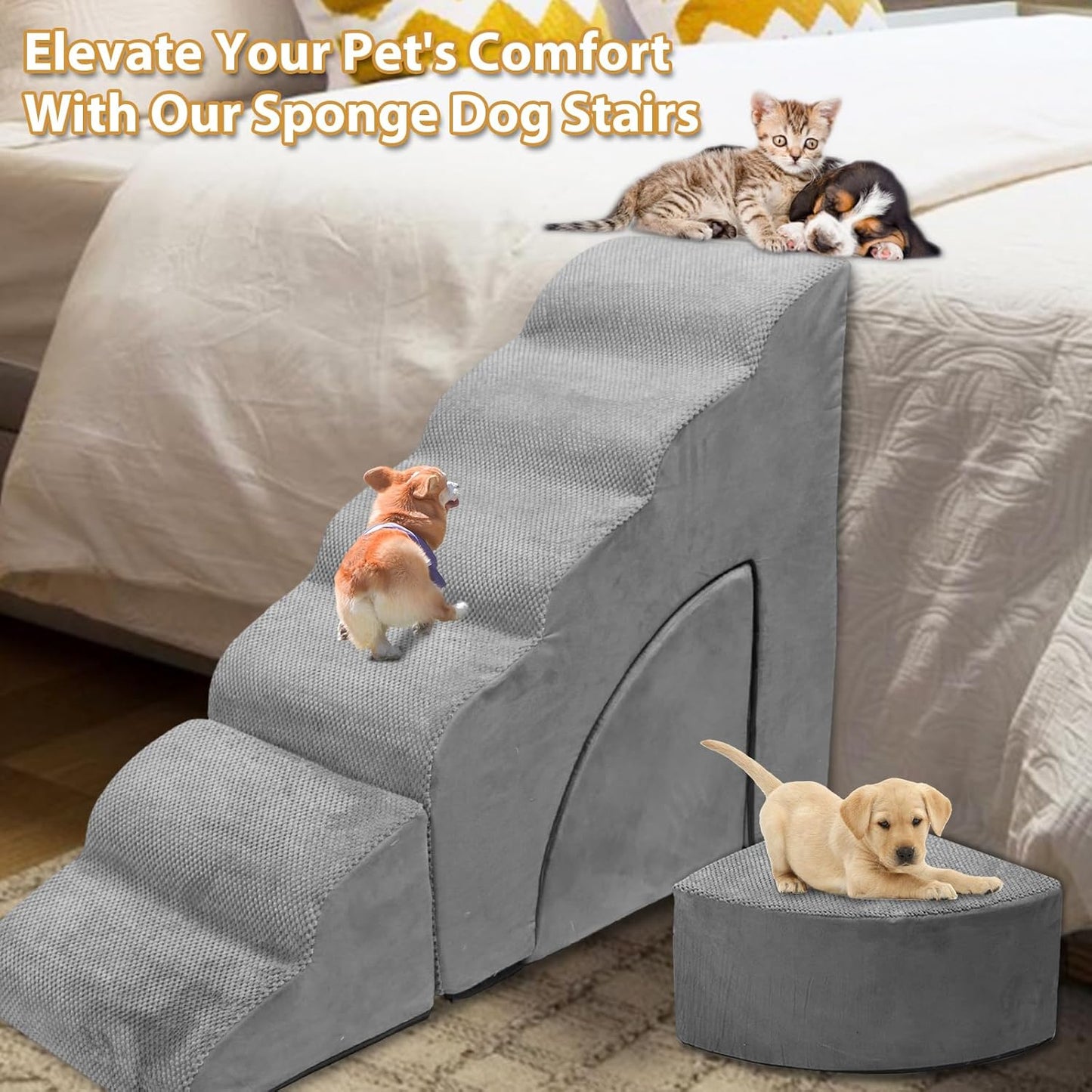 Dog Stairs for High Beds up to 32" H, A.FATI 6 Step Pet Ramp with Machine Washable Cover, Non-Slip Dog Steps for Bed for Small/Medium/Old Dogs, 30D Foam Pet Stairs