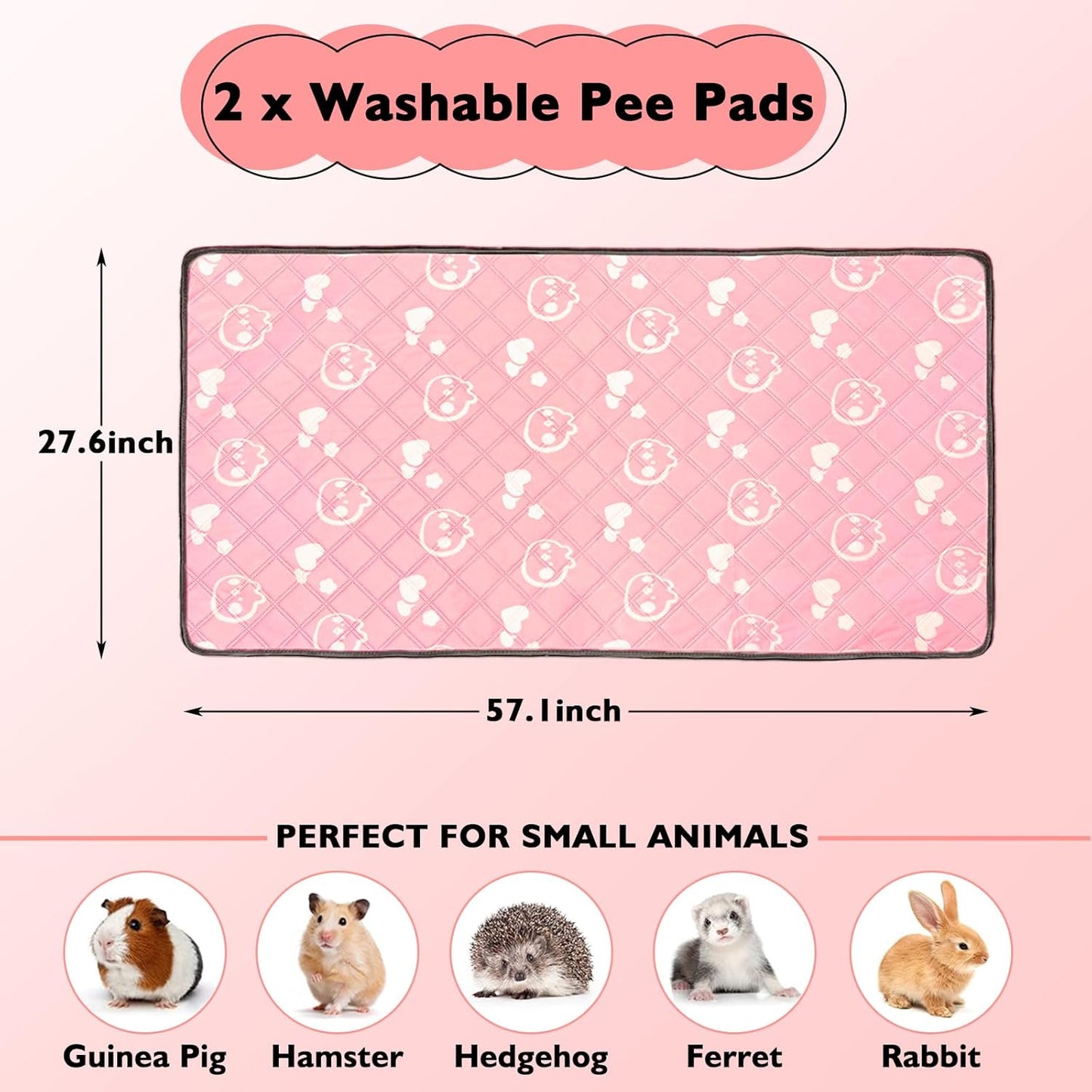 2 Pack Guinea Pig Bedding - Washable Guinea Pig Liners for C&C 2x4 Cage, Waterproof Reusable & Anti Slip Pee Pads Super Absorbent Mats for Small Animals Rabbit Hamster Rat (Pink, 57 x 28 Inch)
